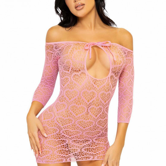 Сукня-сітка з сердечками Leg Avenue Heart net mini dress Pink, зав’язки, відкриті плечі, one size Сукня-сітка з сердечками Leg Avenue Heart net mini dress Pink, зав’язки, відкриті плечі, one size