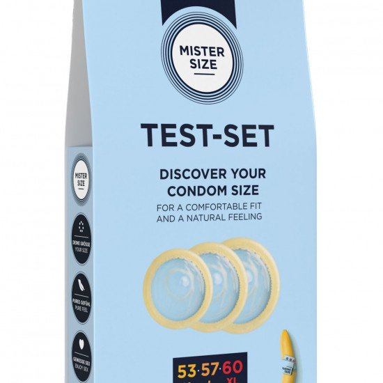 Набір презервативів Mister Size test-set 53–57–60, 3 розміри + лінійка, товщина 0,05 мм Набір презервативів Mister Size test-set 53–57–60, 3 розміри + лінійка, товщина 0,05 мм