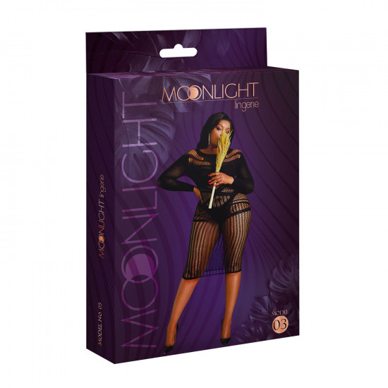 Сукня-бодістокінг Moonlight Plus Model 03 XL-XXXL Black, міді, довгий рукав Сукня-бодістокінг Moonlight Plus Model 03 XL-XXXL Black, міді, довгий рукав