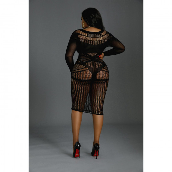 Сукня-бодістокінг Moonlight Plus Model 03 XL-XXXL Black, міді, довгий рукав Сукня-бодістокінг Moonlight Plus Model 03 XL-XXXL Black, міді, довгий рукав