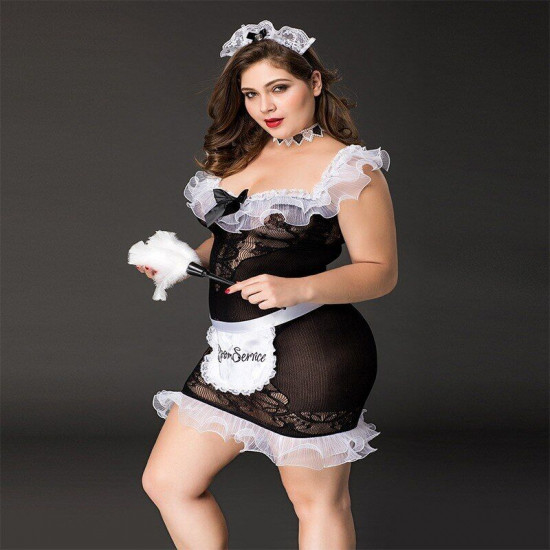 Костюм покоївки JSY «Слухняна Ельма» Plus Size Black, сукня, фартух, головний убір покоївки Костюм покоївки JSY «Слухняна Ельма» Plus Size Black, сукня, фартух, головний убір покоївки