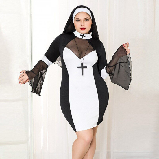 Еротичний костюм черниці JSY «Грішниця Лола» Plus Size Black, сукня, хрест, апостольник Еротичний костюм черниці JSY «Грішниця Лола» Plus Size Black, сукня, хрест, апостольник
