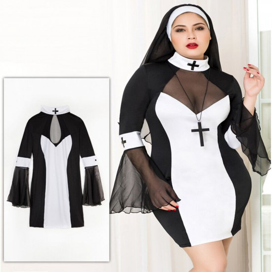 Еротичний костюм черниці JSY «Грішниця Лола» Plus Size Black, сукня, хрест, апостольник Еротичний костюм черниці JSY «Грішниця Лола» Plus Size Black, сукня, хрест, апостольник