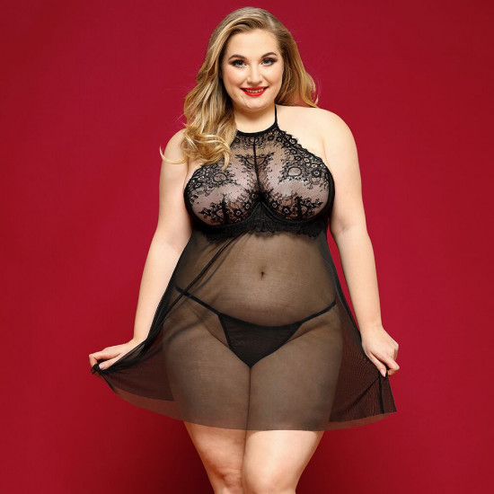 Сорочка бебі-дол JSY «Пристрасна Ліліт» Plus Size, Black, халтер, дрібна сітка, мереживо, стрінги Сорочка бебі-дол JSY «Пристрасна Ліліт» Plus Size, Black, халтер, дрібна сітка, мереживо, стрінги