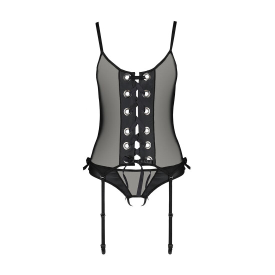 Корсет зі шнурівкою Passion NESSY CORSET L/XL black, стрінги з відкритим доступом, пажі для панчіх Корсет зі шнурівкою Passion NESSY CORSET L/XL black, стрінги з відкритим доступом, пажі для панчіх
