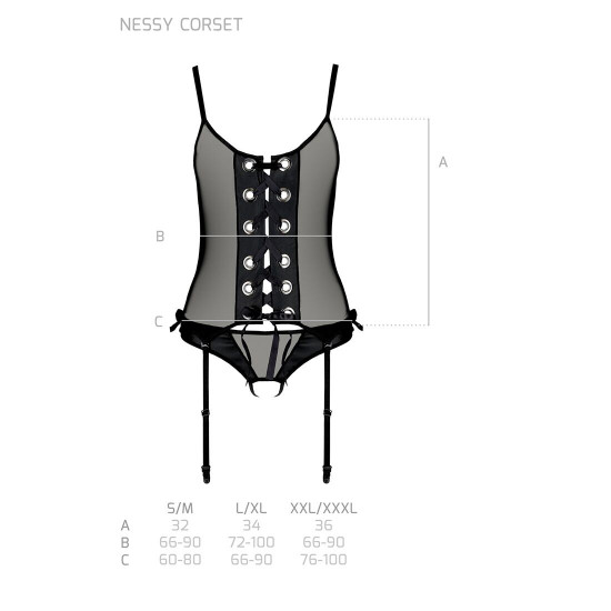 Корсет зі шнурівкою Passion NESSY CORSET S/M black, стрінги з відкритим доступом, пажі для панчіх Корсет зі шнурівкою Passion NESSY CORSET S/M black, стрінги з відкритим доступом, пажі для панчіх