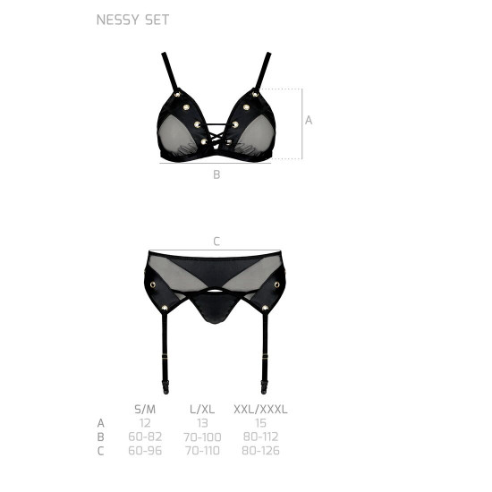Комплект білизни Passion NESSY SET L/XL black, бюстгальтер, пояс для панчіх, стрінги Комплект білизни Passion NESSY SET L/XL black, бюстгальтер, пояс для панчіх, стрінги