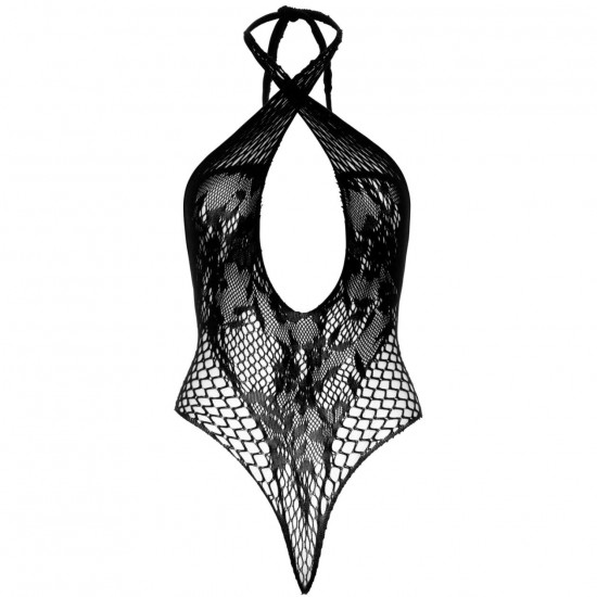 Мереживне тедді Leg Avenue Lace and net halter teddy One size Black, глибокий виріз, халтер Мереживне тедді Leg Avenue Lace and net halter teddy One size Black, глибокий виріз, халтер
