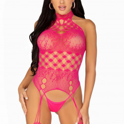 Мереживний бодістокінг з відкритим доступом Leg Avenue High neck lace bodystocking One size Raspberr
