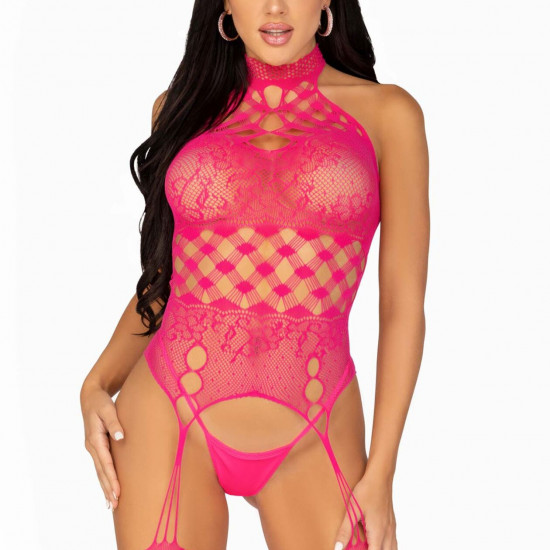 Мереживний бодістокінг з відкритим доступом Leg Avenue High neck lace bodystocking One size Raspberr Мереживний бодістокінг з відкритим доступом Leg Avenue High neck lace bodystocking One size Raspberr