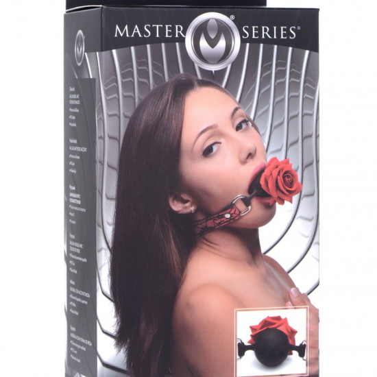 Кляп з трояндою Master Series: Eye-Catching Ball Gag With Rose, чорно-червоний Кляп з трояндою Master Series: Eye-Catching Ball Gag With Rose, чорно-червоний