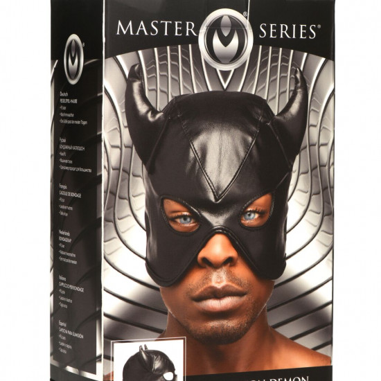Маска з рогами Master Series: Dungeon Demon Bondage Mask with Horns, чорна Маска з рогами Master Series: Dungeon Demon Bondage Mask with Horns, чорна