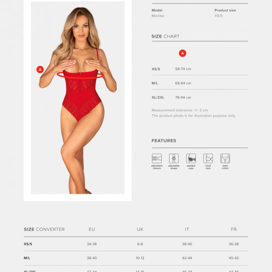 Боді з доступом Obsessive Ingridia crotchless teddy XS/S, червоне, відкриті груди Боді з доступом Obsessive Ingridia crotchless teddy XS/S, червоне, відкриті груди