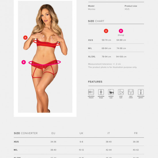 Комплект Obsessive Ingridia 2-pcs crotchless set XL/2XL, червоний, з доступом, відкриті груди Комплект Obsessive Ingridia 2-pcs crotchless set XL/2XL, червоний, з доступом, відкриті груди
