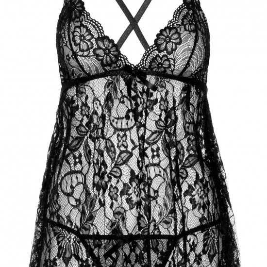 Сорочка бебі-дол Leg Avenue Floral lace babydoll & string Black S, стрінги Сорочка бебі-дол Leg Avenue Floral lace babydoll & string Black S, стрінги