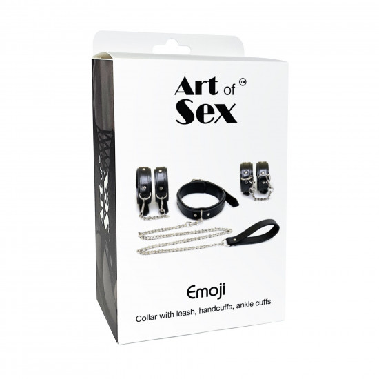 Набір BDSM Art of Sex - Emoji, наручники, поножі, нашийник з повідцем, екошкіра, чорний Набір BDSM Art of Sex - Emoji, наручники, поножі, нашийник з повідцем, екошкіра, чорний