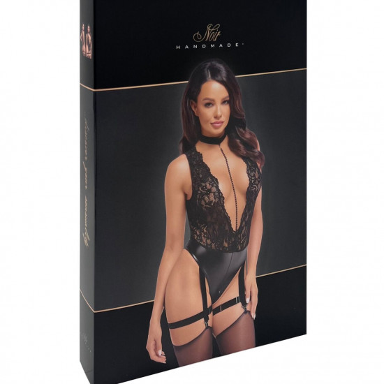 Боді Noir Handmade F297 Libido Deep-V bodysuit with collar, pearl chain and garter - M Боді Noir Handmade F297 Libido Deep-V bodysuit with collar, pearl chain and garter - M