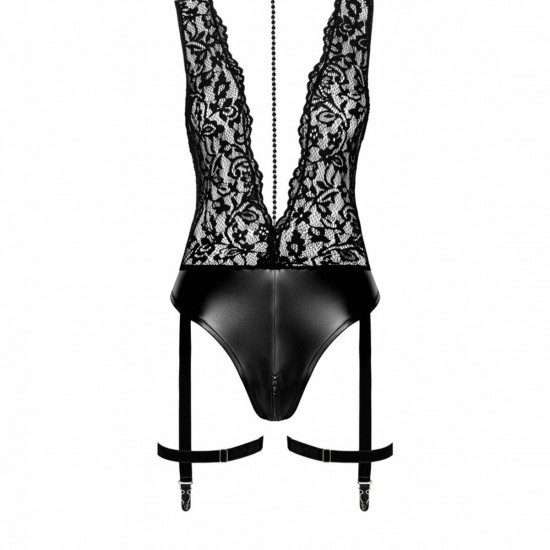 Боді Noir Handmade F297 Libido Deep-V bodysuit with collar, pearl chain and garter - XXL Боді Noir Handmade F297 Libido Deep-V bodysuit with collar, pearl chain and garter - XXL