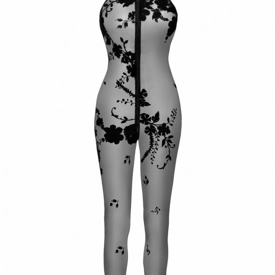 Бодістокінг Noir Handmade F315 Ego flocked mesh halter catsuit - XL Бодістокінг Noir Handmade F315 Ego flocked mesh halter catsuit - XL