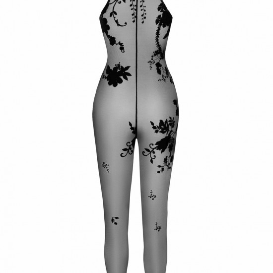 Бодістокінг Noir Handmade F315 Ego flocked mesh halter catsuit - 3XL Бодістокінг Noir Handmade F315 Ego flocked mesh halter catsuit - 3XL