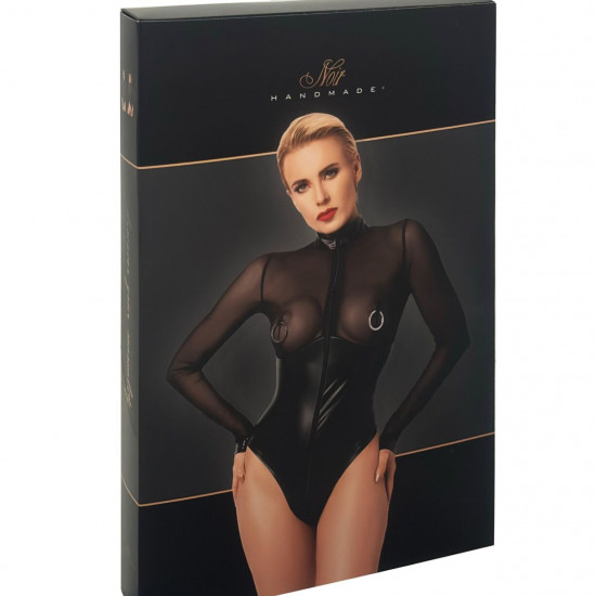 Боді Noir Handmade F321 Edge wetlook and mesh body with rings - XL Боді Noir Handmade F321 Edge wetlook and mesh body with rings - XL
