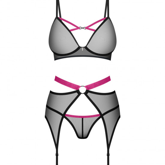 Комплект Obsessive Novenes 3-pcs set, XL/2XL, прозорий ліф на кісточках, стрінги, пояс Комплект Obsessive Novenes 3-pcs set, XL/2XL, прозорий ліф на кісточках, стрінги, пояс