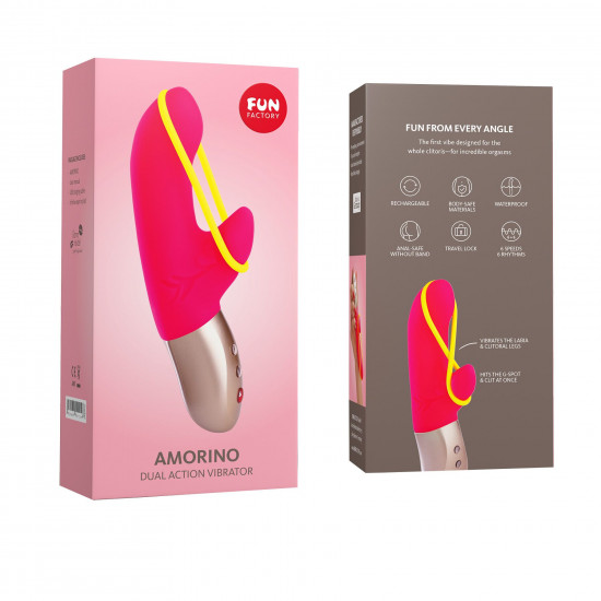 Мінівібратор-кролик зі стимулювальною стрічкою Fun Factory AMORINO pink/neon yellow, стрічка знімна Мінівібратор-кролик зі стимулювальною стрічкою Fun Factory AMORINO pink/neon yellow, стрічка знімна
