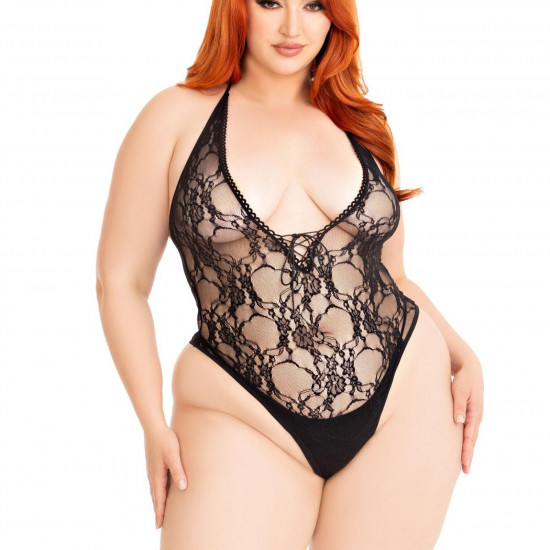 Боді Leg Avenue Floral lace deep-V teddy Black 1X/2X Боді Leg Avenue Floral lace deep-V teddy Black 1X/2X