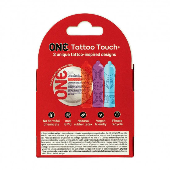 Презервативи ONE Tattoo Touch 3 шт, картонна коробка Презервативи ONE Tattoo Touch 3 шт, картонна коробка